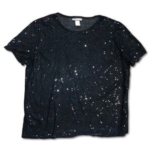 80s Vintage Notations Sheer Sequin Short Sleeved Top size L